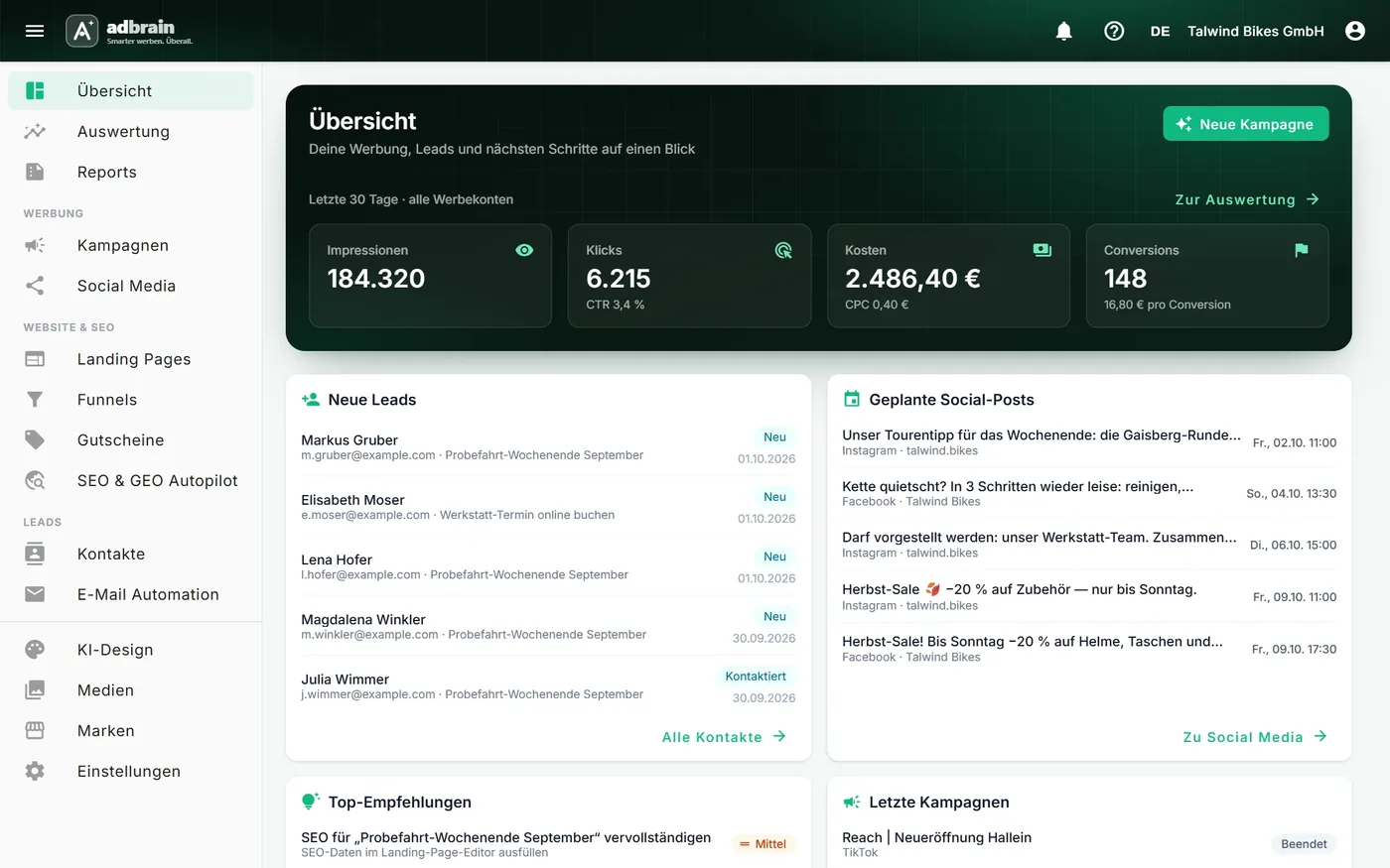 Adbrain – Dashboard mit Kampagnen, Leads und Social-Media-Posts