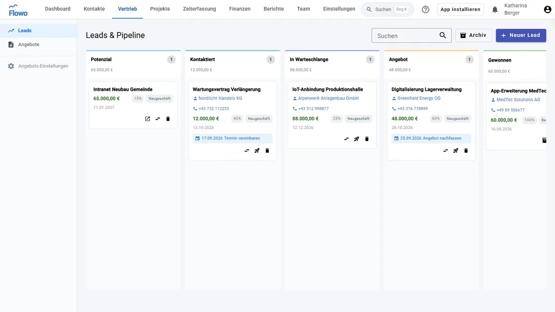 Flowo – Vertriebs-Pipeline mit Leads und Angeboten